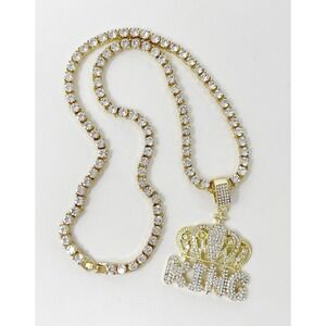 Bling King Crown Pendant with Row Tennis Chain Gold Finish Jewelry